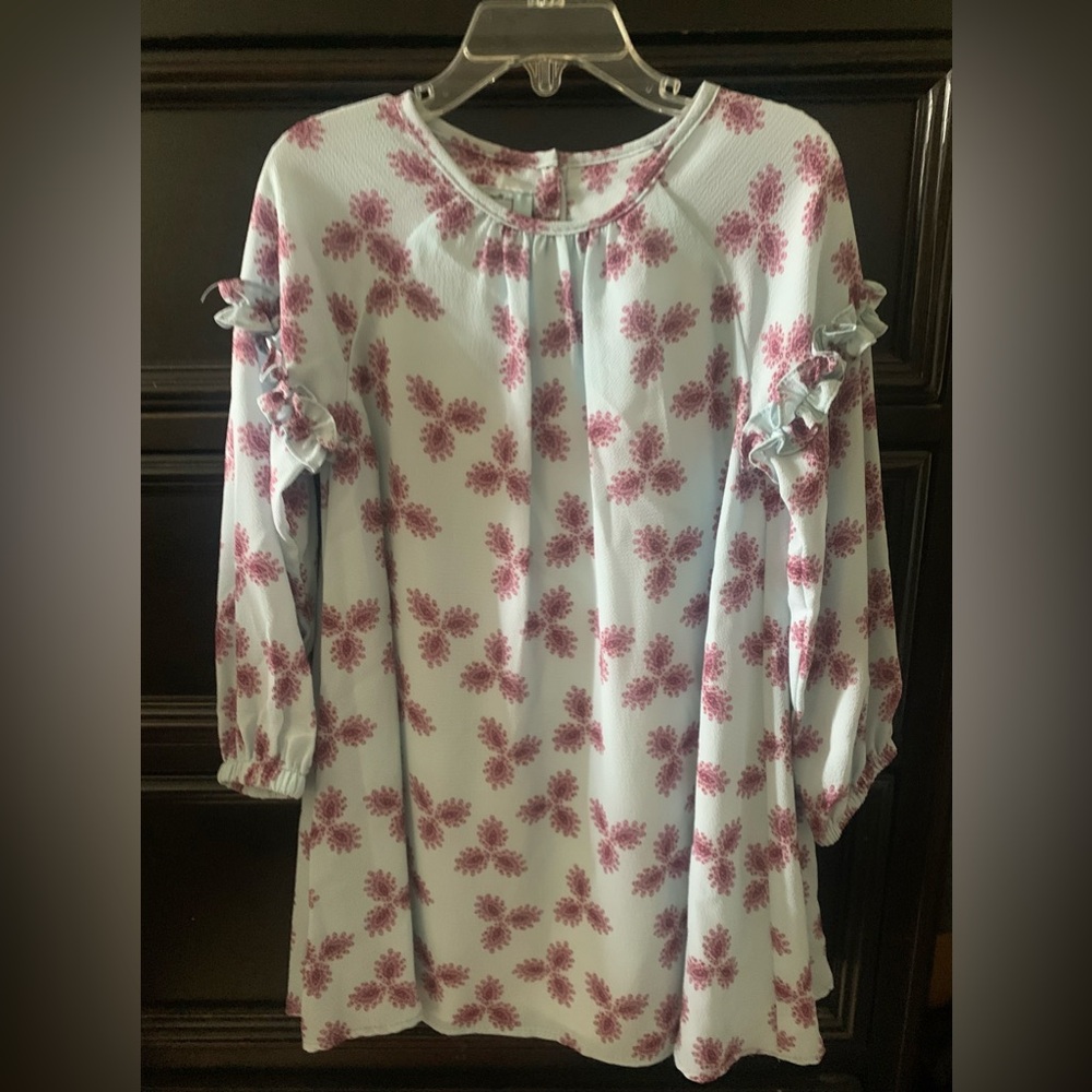 Girls Light Blue Long Sleeve Dress with Pink Floral Ruffles